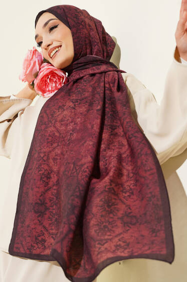 Batik Motifli Modal Şal Bordo - Başörtüsü
