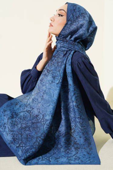 Batik Motifli Modal Şal İndigo - Başörtüsü