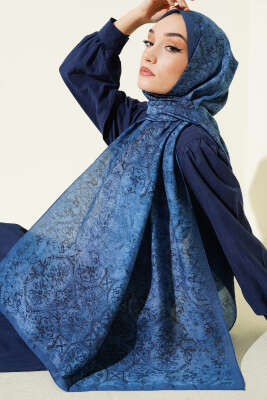 Batik Motifli Modal Şal İndigo - Başörtüsü