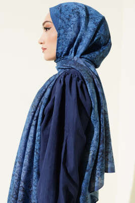 Batik Motifli Modal Şal İndigo - Başörtüsü