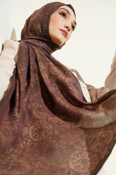 Batik Motifli Modal Şal Kahve - Başörtüsü