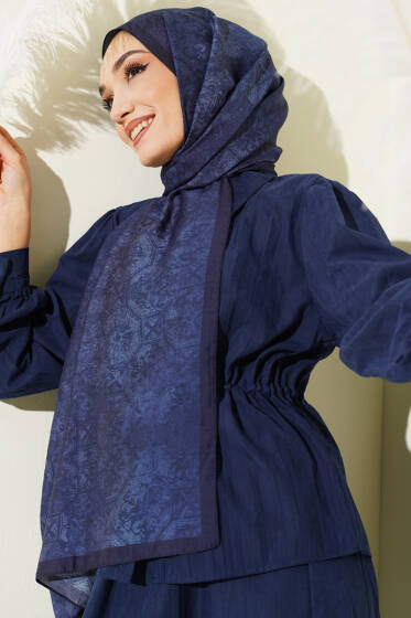 Batik Motifli Modal Şal Lacivert - Başörtüsü