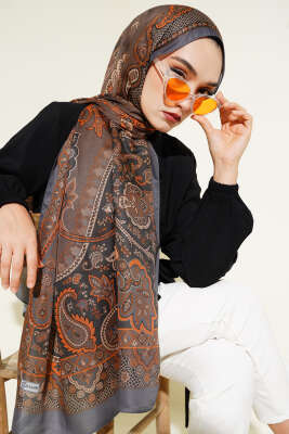 Batik Vintage Desen Soft Şal Füme - Başörtüsü