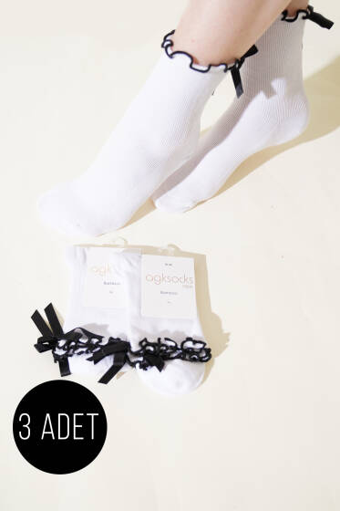 Bayan 3'lü Kurdeleli Soket Çorap Beyaz - Soket Çorap