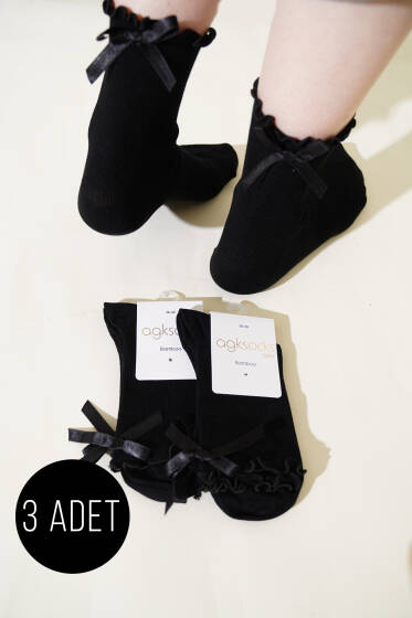 Bayan 3'lü Kurdeleli Soket Çorap Siyah - Soket Çorap