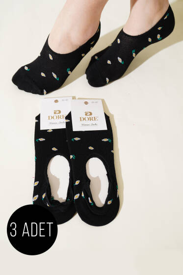 Bayan 3'lü Mini Çiçekli Babet Çorap Siyah - Babet / Patik Çorap