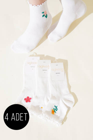 Bayan 4'lü Çiçek Nakışlı Konç Çorap Asorti 1 - Soket Çorap