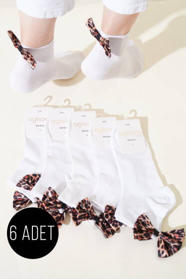 Bayan 6'lı Leopar Kurdaleli Konç Çorap Beyaz - Soket Çorap