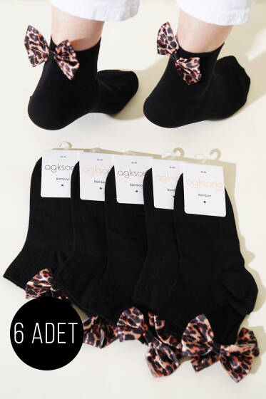  Bayan 6'lı Leopar Kurdaleli Konç Çorap Siyah - Soket Çorap