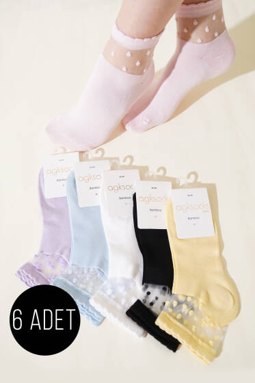 Bayan 6'lı Puantiye Tüllü Kısa Konç Çorap Asorti 1 - Soket Çorap