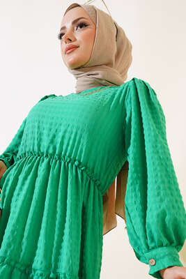 Bayan Gofre Elbise Yeşil - Thumbnail