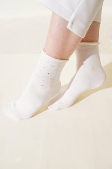 Bayan Mini Taşlı Soket Çorap Ekru - Soket Çorap