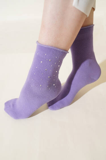 Bayan Mini Taşlı Soket Çorap Lila - Soket Çorap