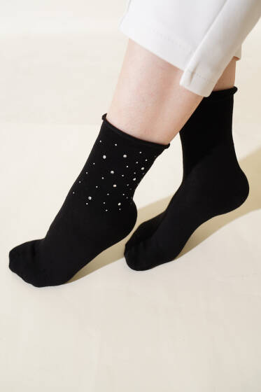 Bayan Mini Taşlı Soket Çorap Siyah - Soket Çorap