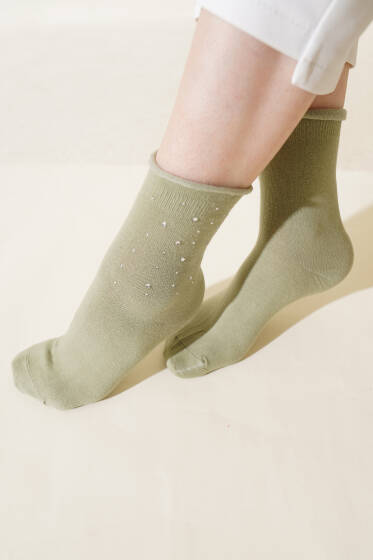 Bayan Mini Taşlı Soket Çorap Yeşil - Soket Çorap