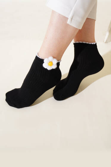 Bayan Papatyalı Soket Çorap Siyah - Soket Çorap