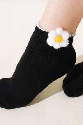 Bayan Papatyalı Soket Çorap Siyah - Soket Çorap