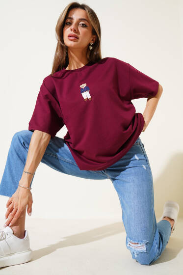 Bear Nakışlı T-shirt Bordo - Kadın Giyim Modelleri