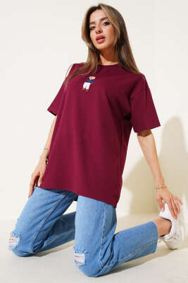 Bear Nakışlı T-shirt Bordo - Kadın Giyim Modelleri