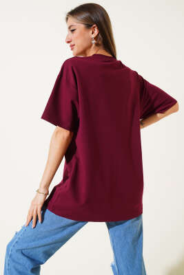 Bear Nakışlı T-shirt Bordo - Kadın Giyim Modelleri