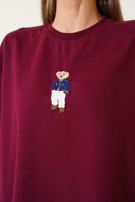 Bear Nakışlı T-shirt Bordo - Kadın Giyim Modelleri