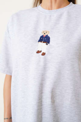 Bear Nakışlı T-shirt Gri - Kadın Giyim Modelleri