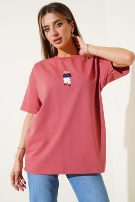 Bear Nakışlı T-shirt Gül Kurusu - Kadın Giyim Modelleri
