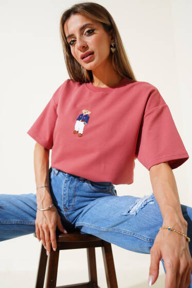 Bear Nakışlı T-shirt Gül Kurusu - Kadın Giyim Modelleri