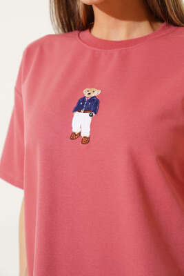 Bear Nakışlı T-shirt Gül Kurusu - Kadın Giyim Modelleri