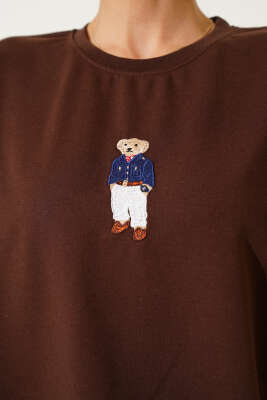 Bear Nakışlı T-shirt Kahve - Kadın Giyim Modelleri
