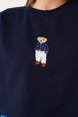 Bear Nakışlı T-shirt Lacivert - Kadın Giyim Modelleri