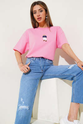 Bear Nakışlı T-shirt Pembe - Kadın Giyim Modelleri