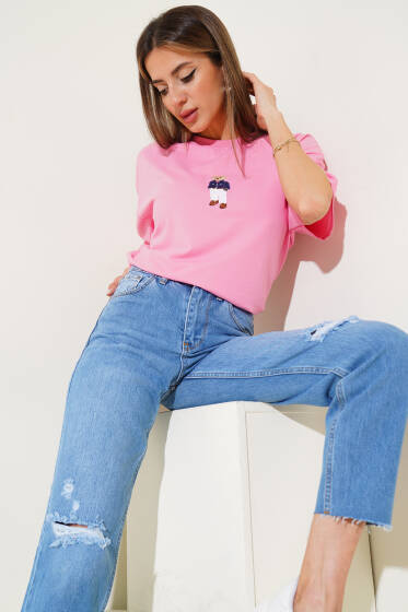Bear Nakışlı T-shirt Pembe - Kadın Giyim Modelleri