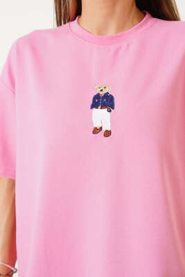 Bear Nakışlı T-shirt Pembe - Kadın Giyim Modelleri