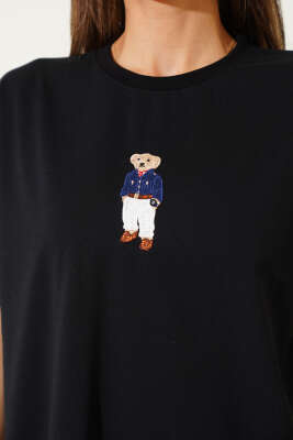 Bear Nakışlı T-shirt Siyah - Kadın Giyim Modelleri
