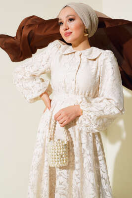 Bebe Yaka Balon Kol Elbise Bej - MİSS İNDİGO