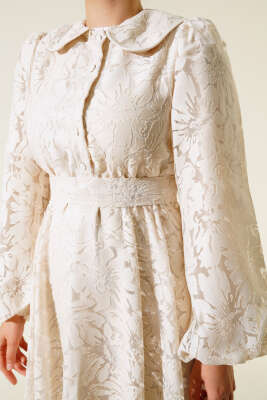 Bebe Yaka Balon Kol Elbise Bej - Tesettür Elbise