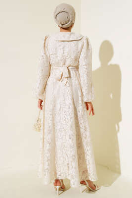 Bebe Yaka Balon Kol Elbise Bej - Tesettür Elbise