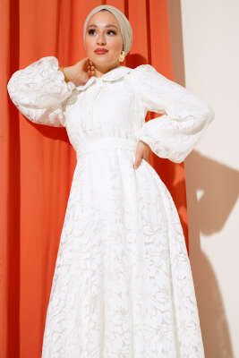 Bebe Yaka Balon Kol Elbise Ekru - Tesettür Elbise