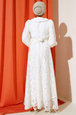 Bebe Yaka Balon Kol Elbise Ekru - Tesettür Elbise