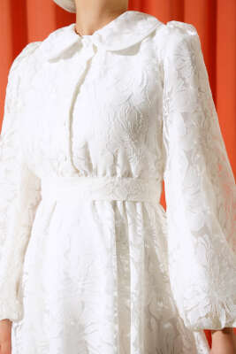 Bebe Yaka Balon Kol Elbise Ekru - Tesettür Elbise