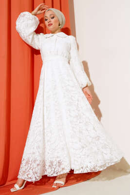 Bebe Yaka Balon Kol Elbise Ekru - MİSS İNDİGO