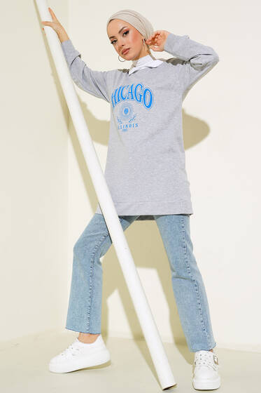 Bebe Yaka Baskılı Tunik Gri - Tunik