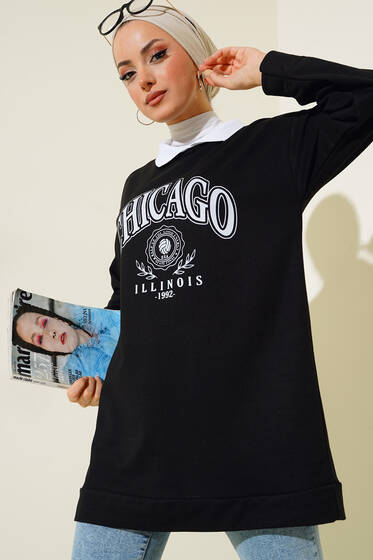 Bebe Yaka Baskılı Tunik Siyah - Tunik