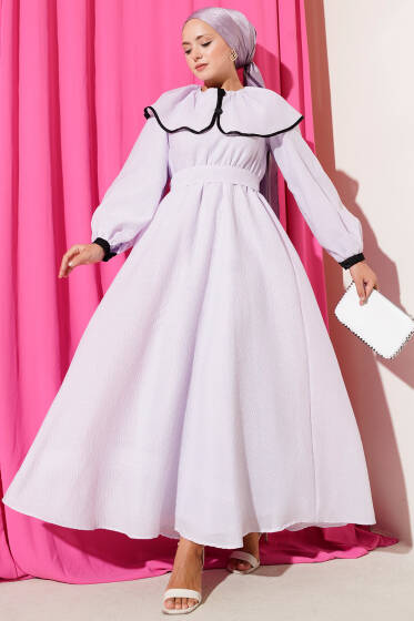 Bebe Yaka Bel Lastikli Elbise Lila - Elbise