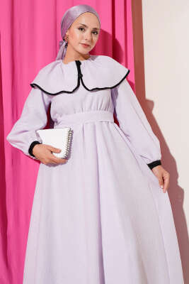Bebe Yaka Bel Lastikli Elbise Lila - Tesettür Elbise