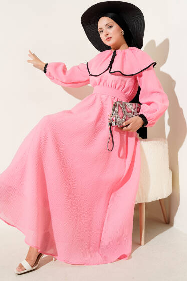 Bebe Yaka Bel Lastikli Elbise Pembe - Elbise