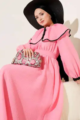Bebe Yaka Bel Lastikli Elbise Pembe - Tesettür Elbise