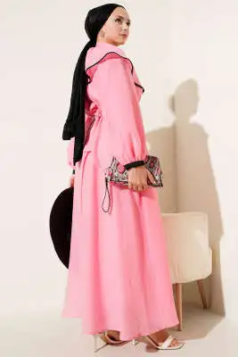 Bebe Yaka Bel Lastikli Elbise Pembe - Tesettür Elbise