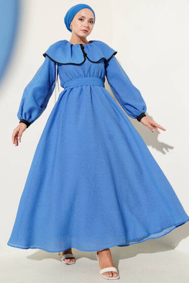 Bebe Yaka Bel Lastikli Elbise Saks - Elbise